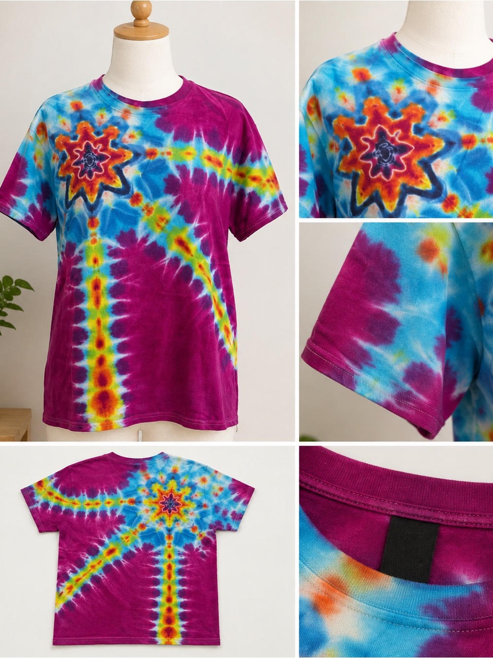 Vibrant Starburst Tie-Dye Tee in Magenta, Blue & Yellow